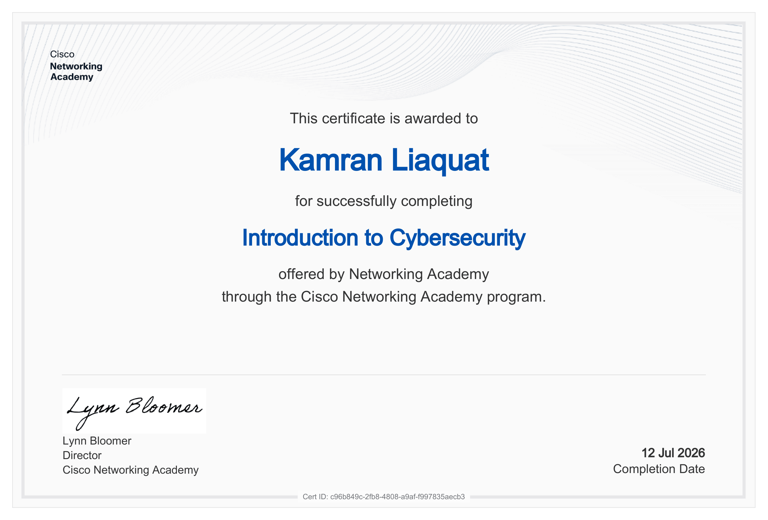 Cisco Introduction to Cybersecurity Certificate